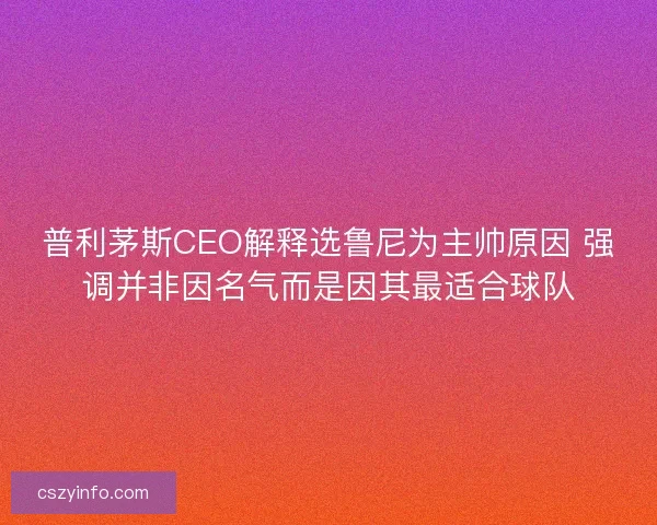普利茅斯CEO解释选鲁尼为主帅原因 强调并非因名气而是因其最适合球队